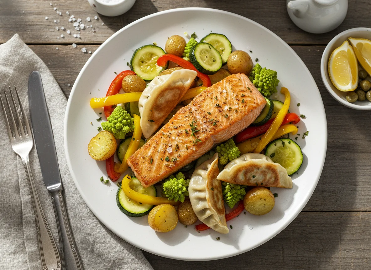 Lachs mit gebratenem Gemüse und Gyoza photo