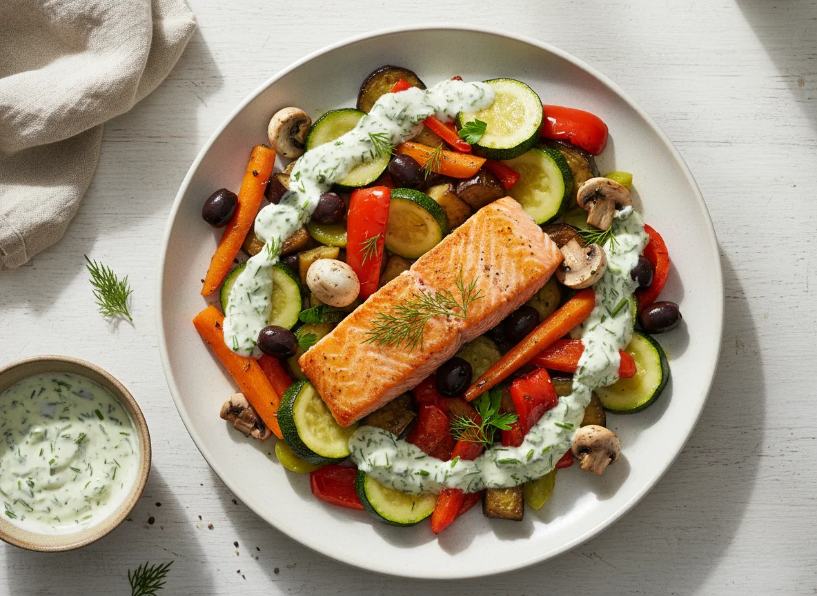 Lachs mit gebratenem Gemüse und Kräutersauce photo