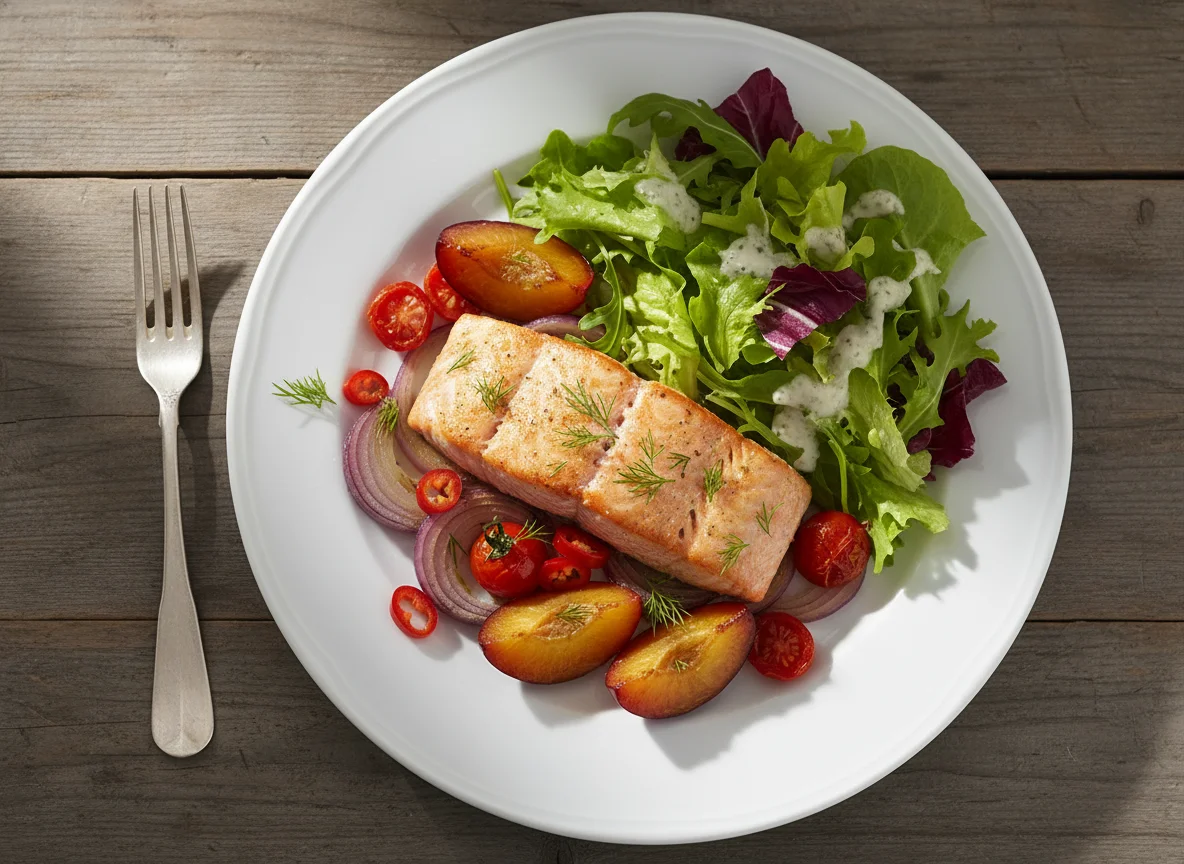 Lachs mit gebratenem Gemüse und Salat photo