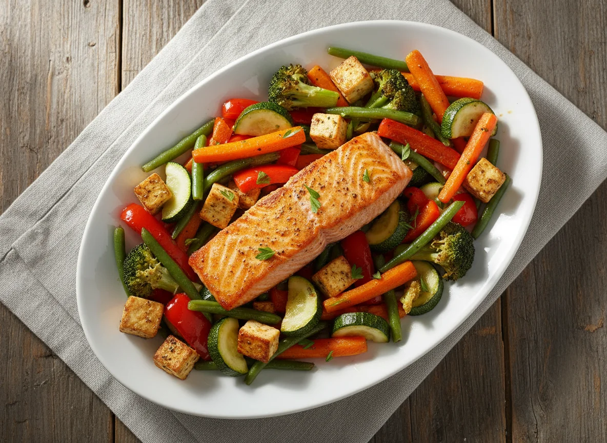 Lachs mit gebratenem Gemüse und Tofu photo