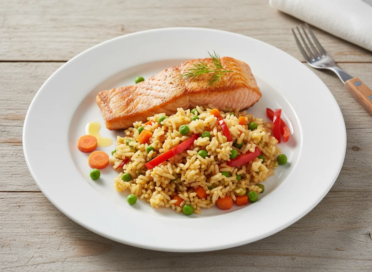 Lachs mit gebratenem Reis und Gemüse photo