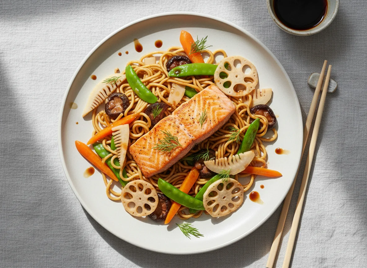 Lachs mit gebratenen Nudeln und Gemüse photo