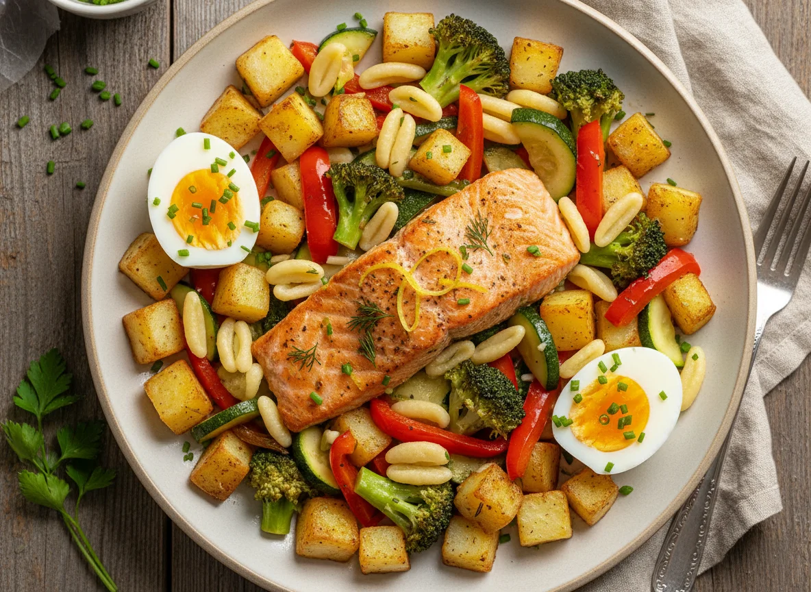 Lachs mit Gemüse, Kartoffeln und Eiern photo
