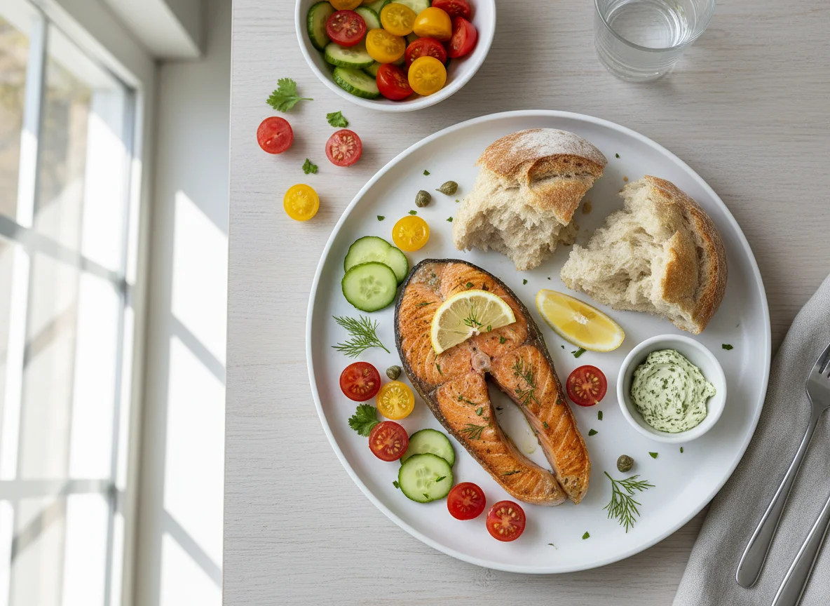Lachs mit Gemüse und Brot photo