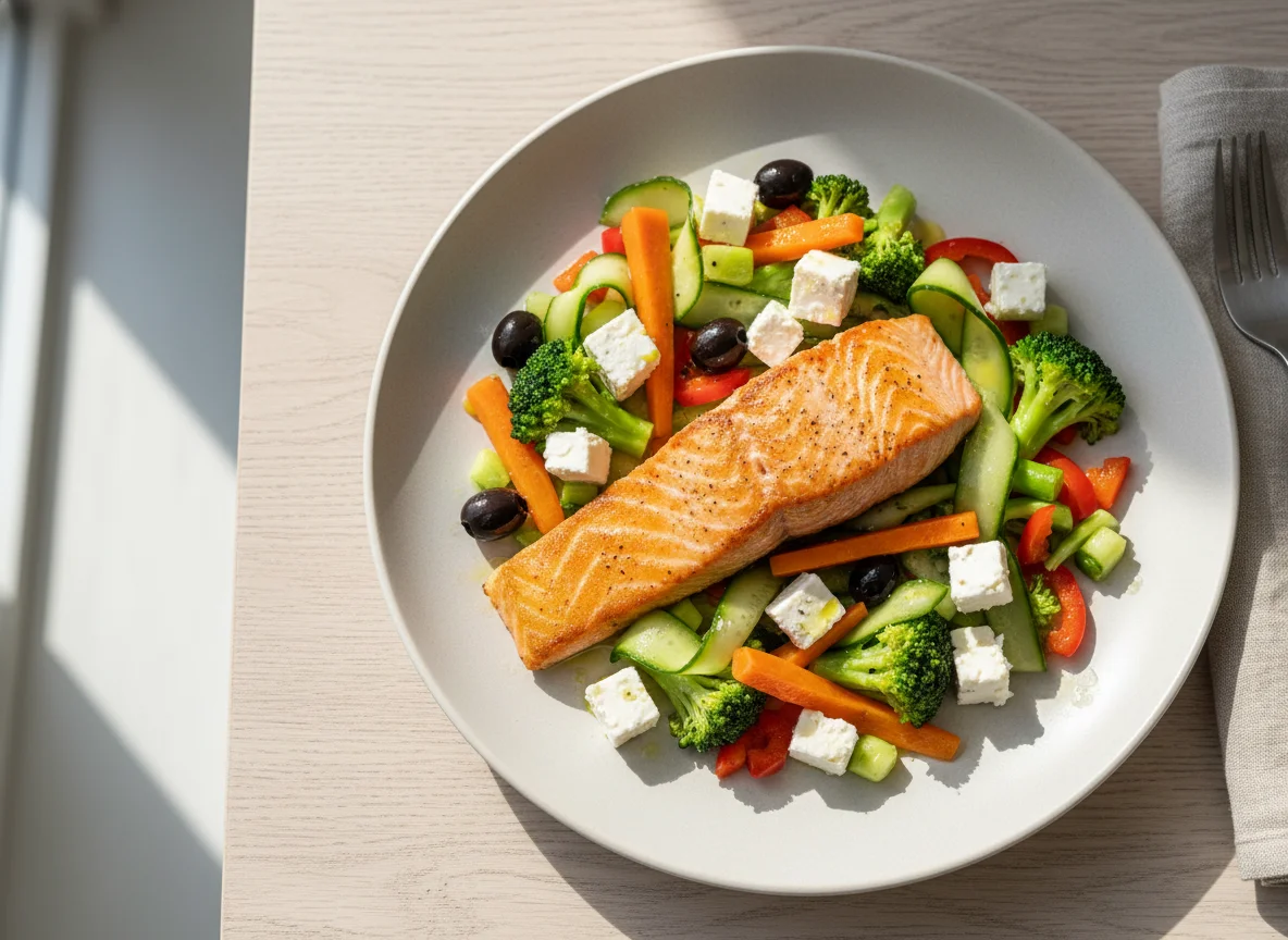 Lachs mit Gemüse und Feta photo