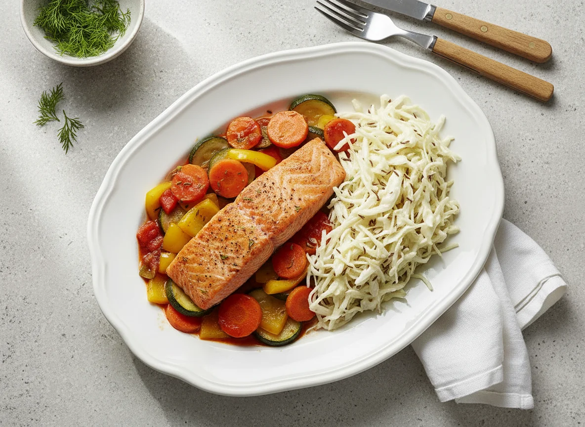 Lachs mit Gemüse und Krautsalat photo