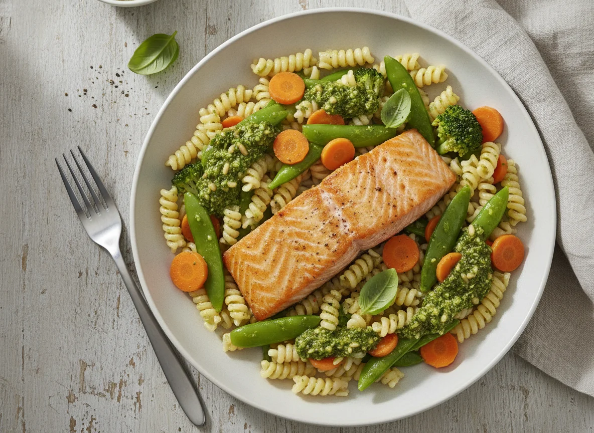 Lachs mit Gemüse und Pesto photo