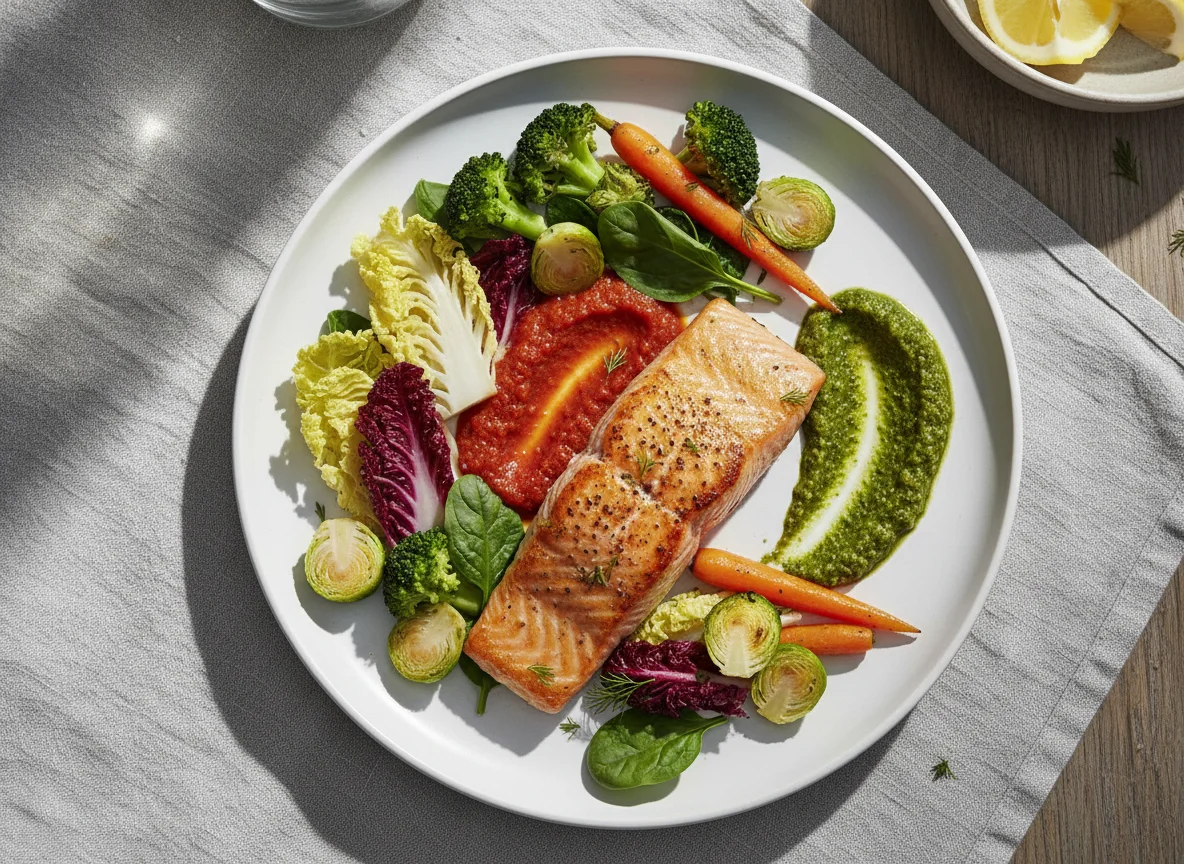 Lachs mit Gemüse und Saucen photo