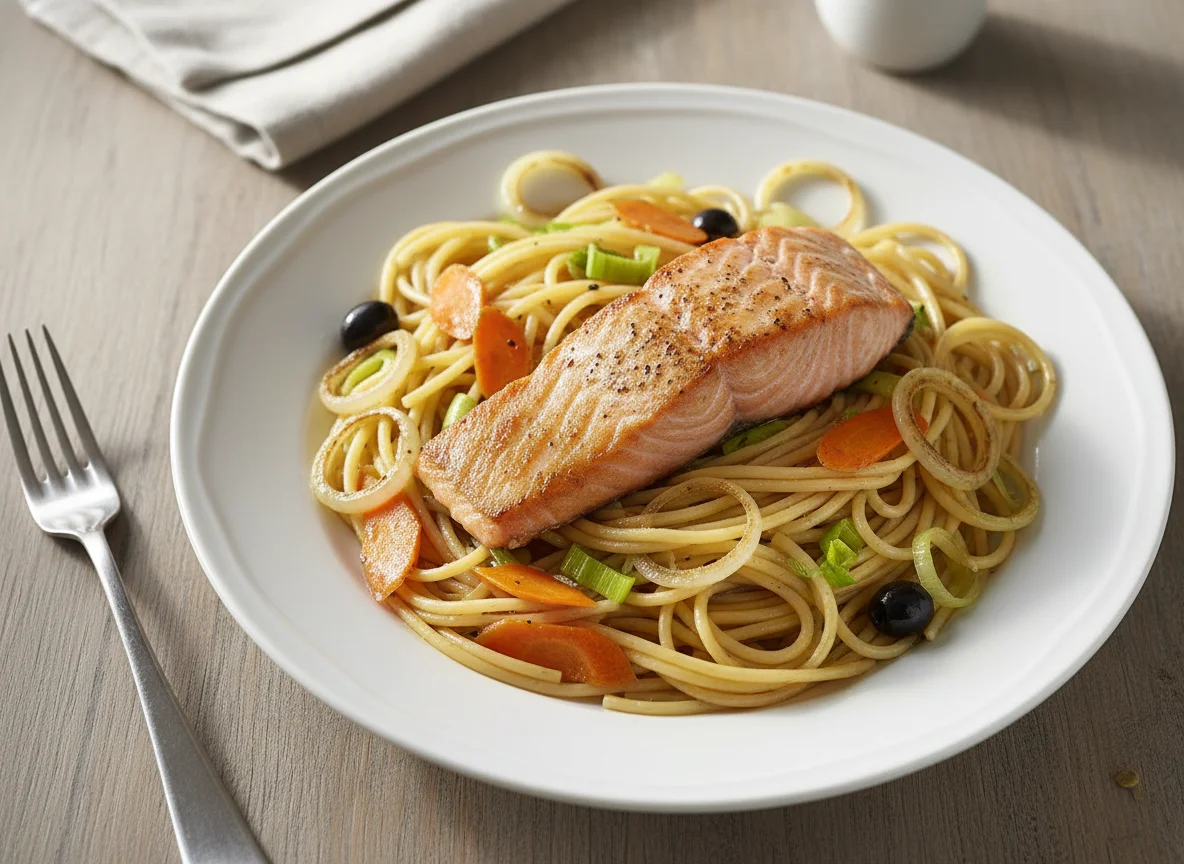 Lachs mit Gemüse und Spaghetti photo