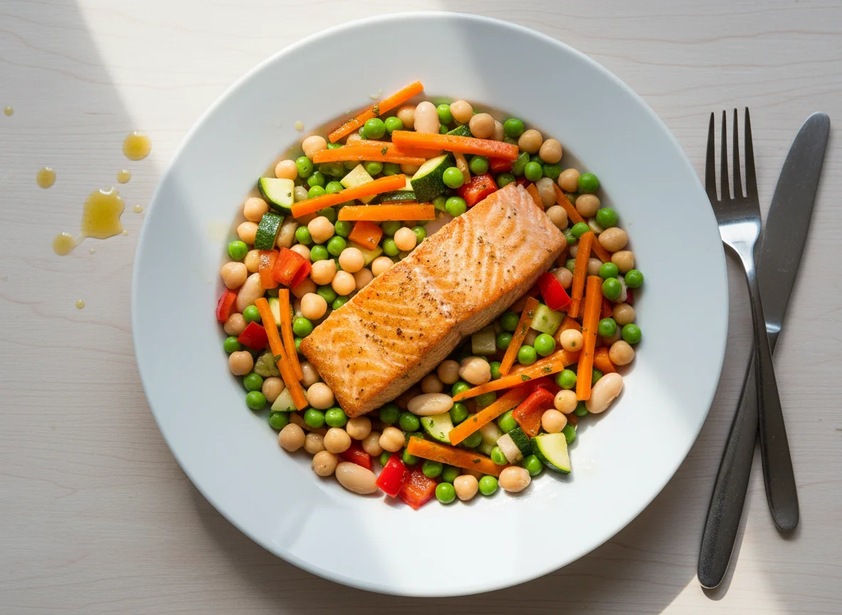Lachs mit Gemüsesalat und Kichererbsen photo