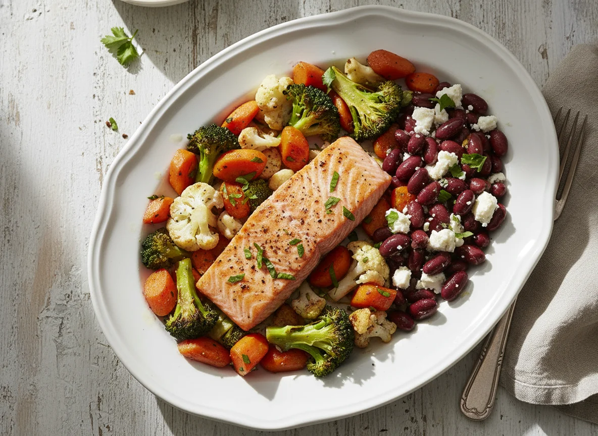 Lachs mit geröstetem Gemüse und Bohnensalat photo