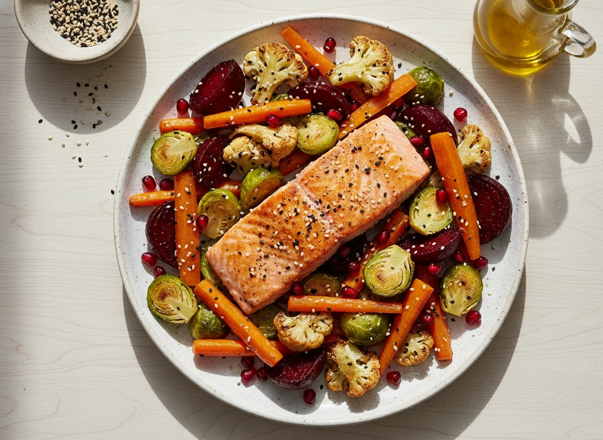 Lachs mit geröstetem Gemüse und Granatapfel photo