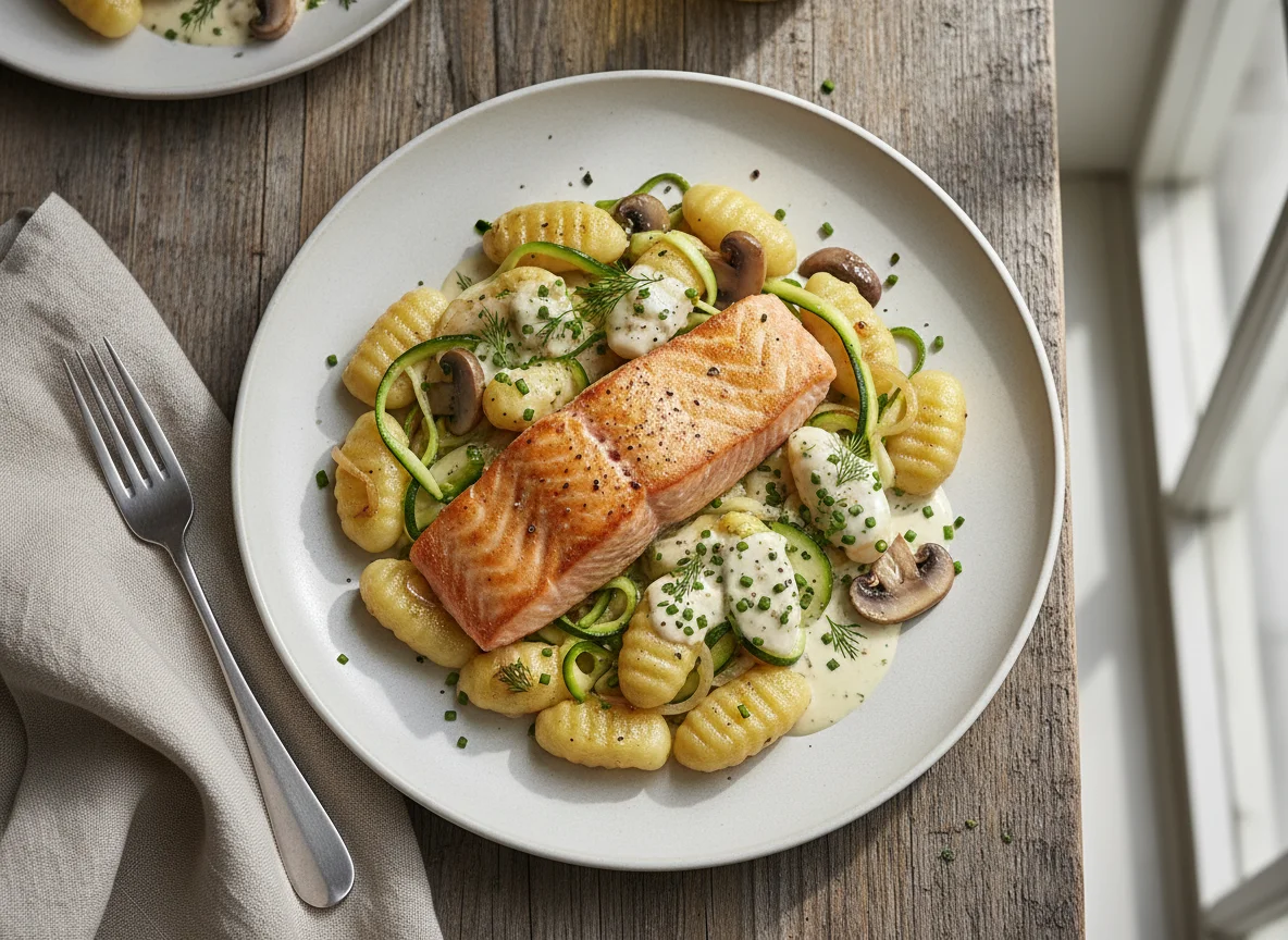 Lachs mit Gnocchi, Gemüse und Sauce photo