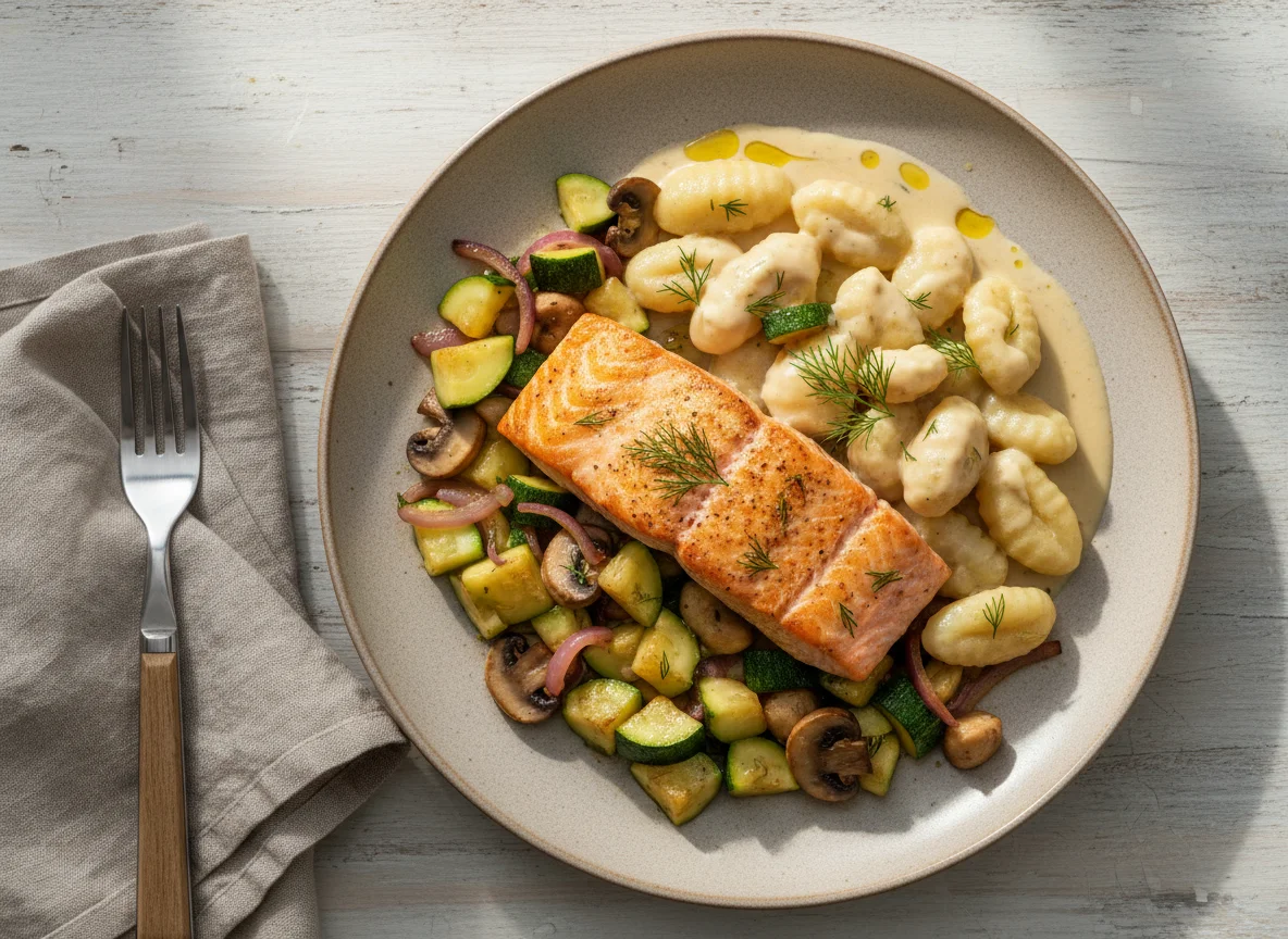 Lachs mit Gnocchi, Rahmsauce und Zucchini-Pilz-Gemüse photo