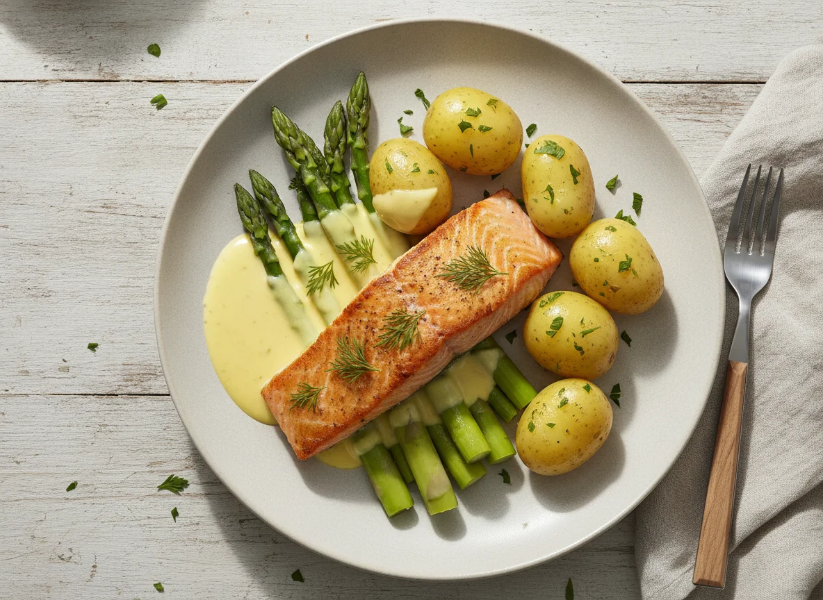 Lachs mit grünem Spargel, Salzkartoffeln und Sauce Hollandaise photo