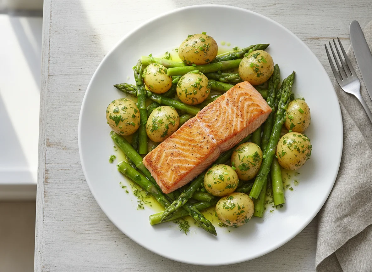 Lachs mit grünem Spargel und Salzkartoffeln photo