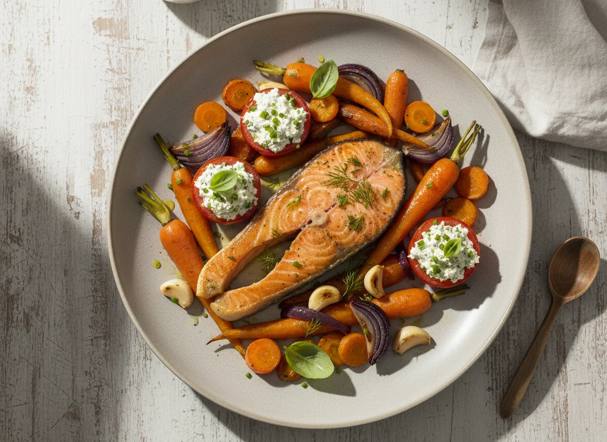 Lachs mit Karotten, roten Zwiebeln und gefüllten Tomaten photo