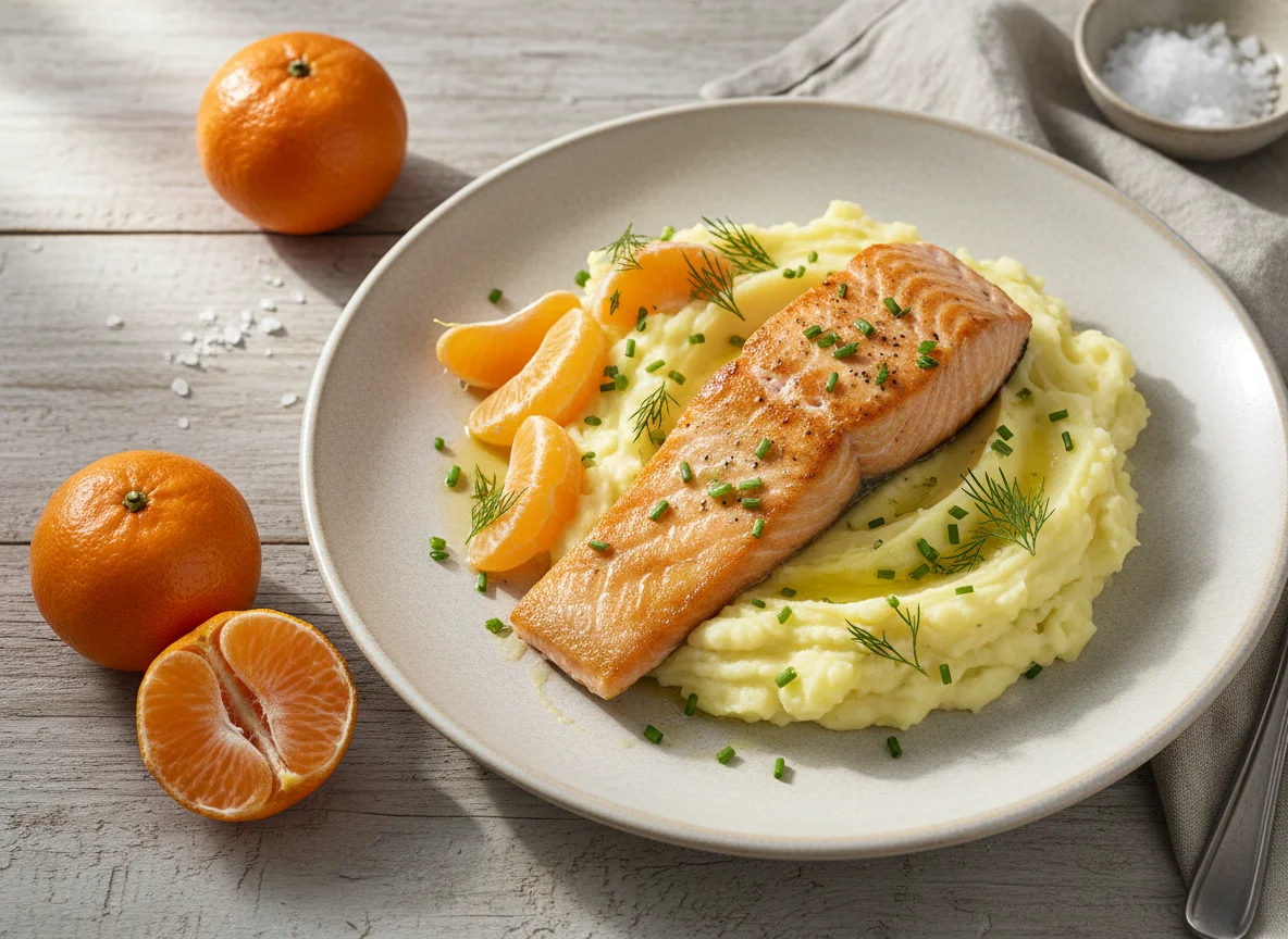Lachs mit Kartoffelbrei und Mandarine photo