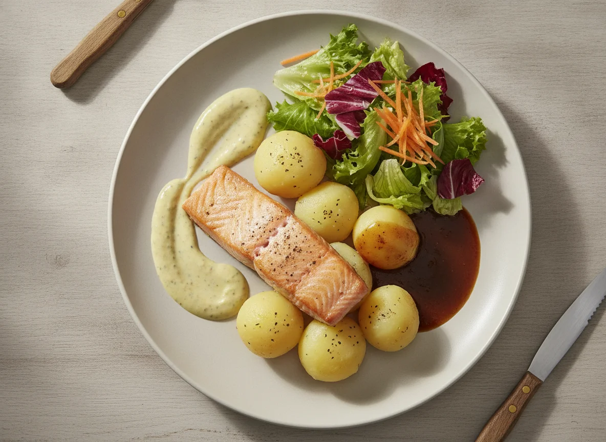Lachs mit Kartoffeln, Sauce und Salat photo