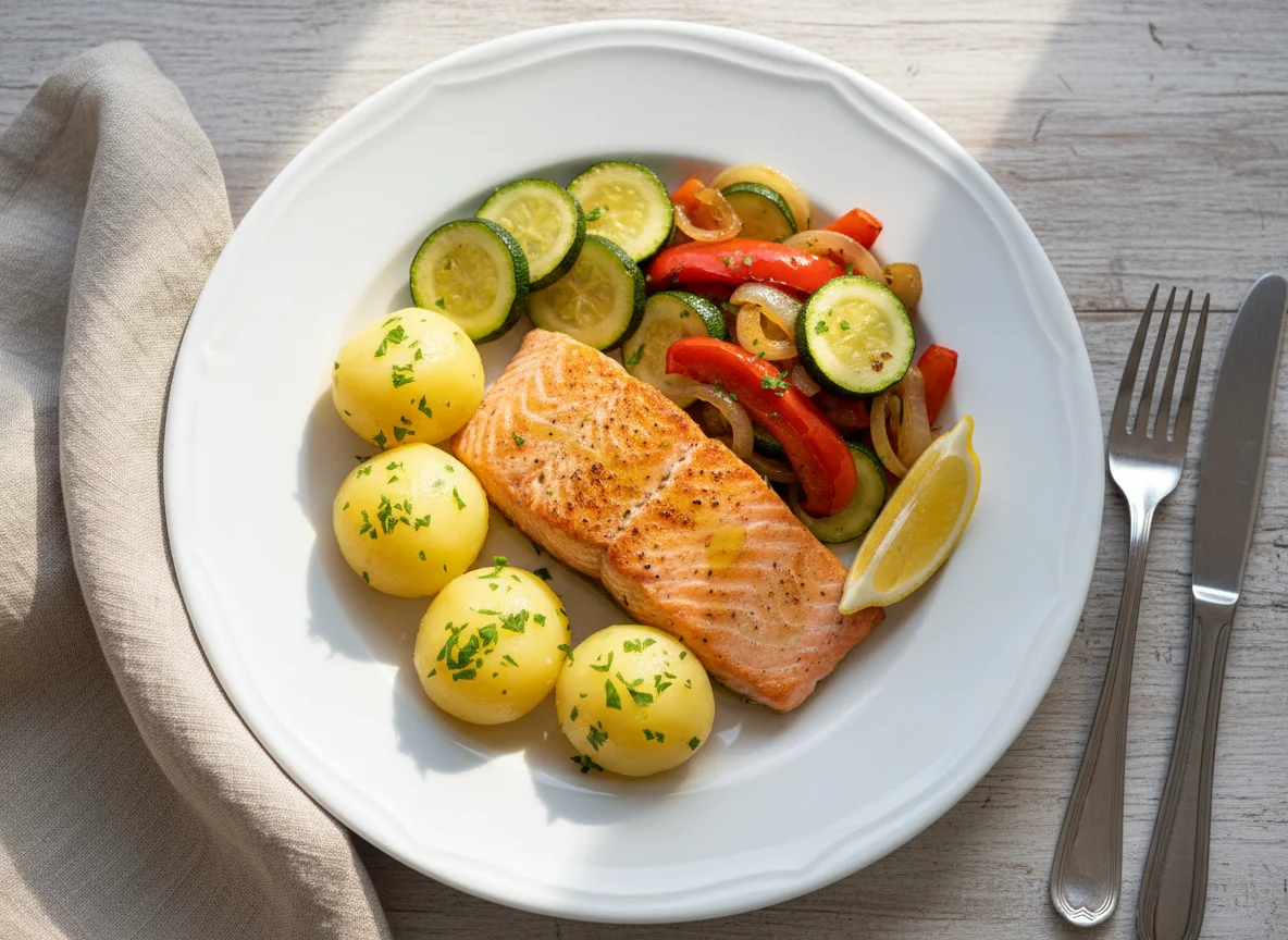 Lachs mit Kartoffeln und gebratenem Gemüse photo