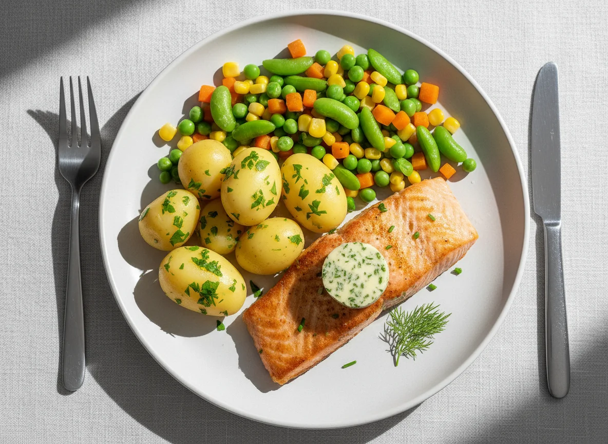 Lachs mit Kartoffeln und Gemüse photo