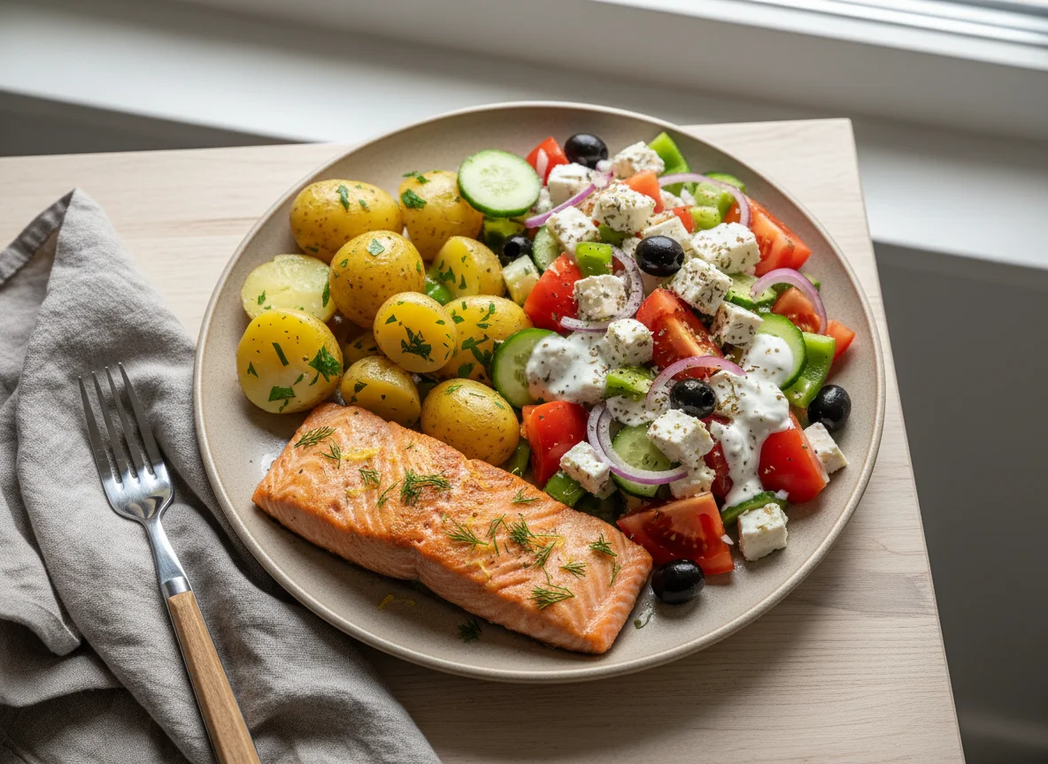 Lachs mit Kartoffeln und griechischem Salat photo