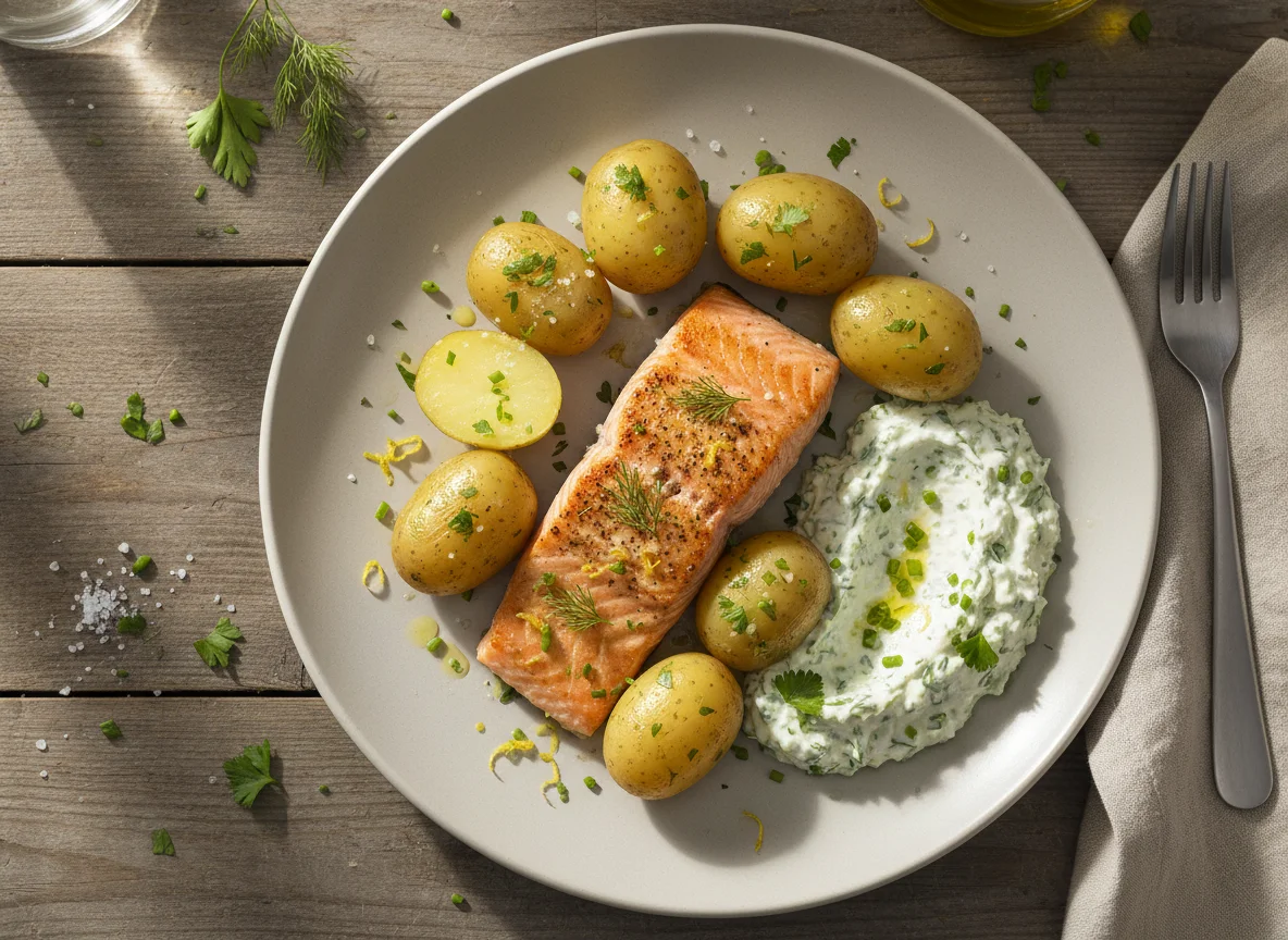 Lachs mit Kartoffeln und Kräuterquark photo