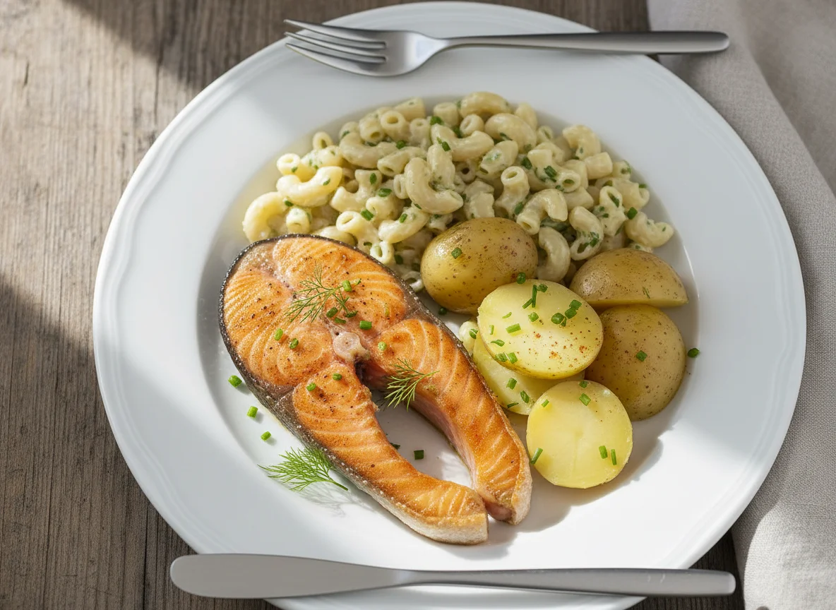 Lachs mit Kartoffeln und Nudeln photo
