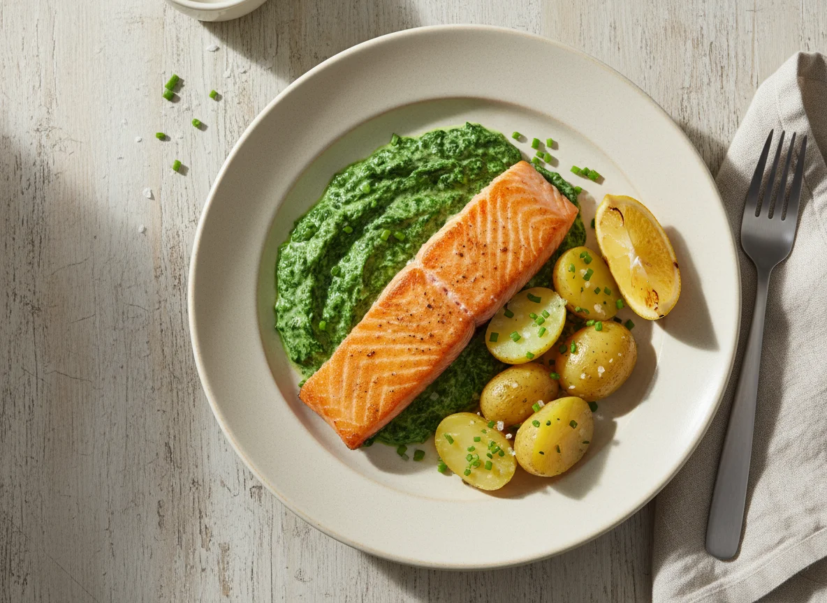 Lachs mit Kartoffeln und Rahmspinat photo