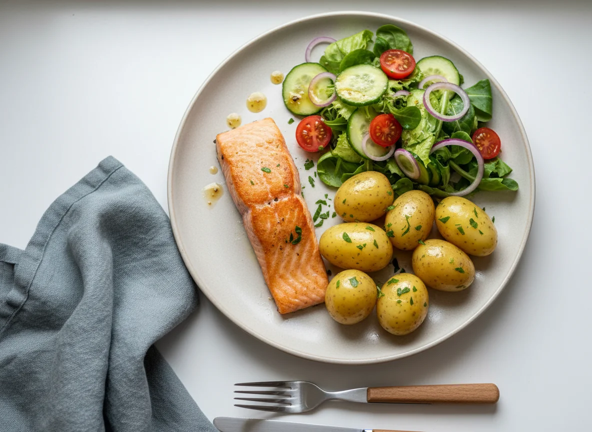 Lachs mit Kartoffeln und Salat photo