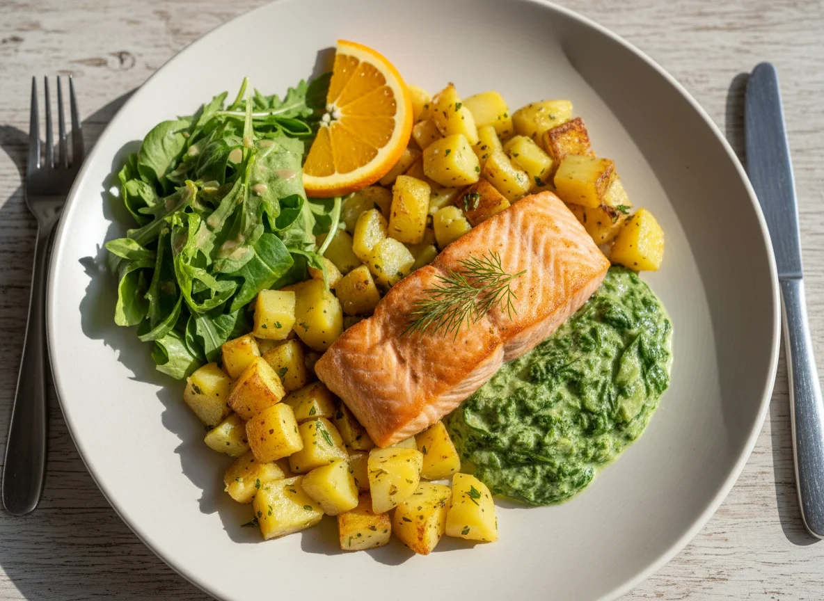 Lachs mit Kartoffeln und Spinat photo