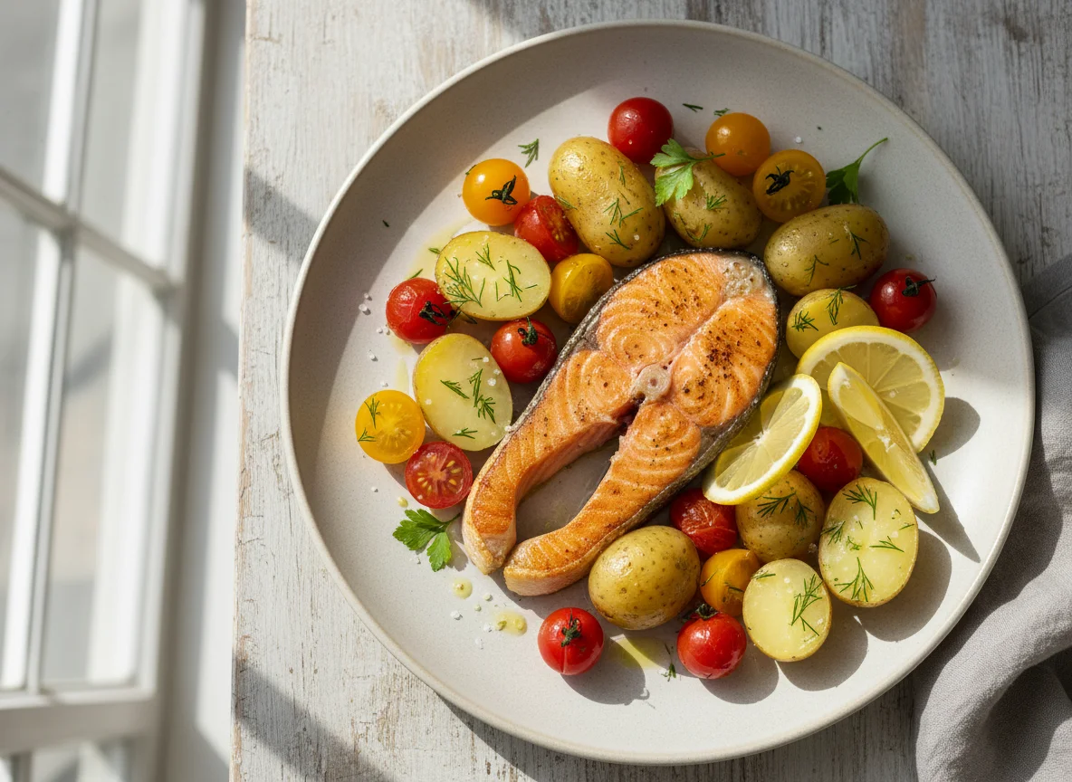 Lachs mit Kartoffeln und Tomaten photo