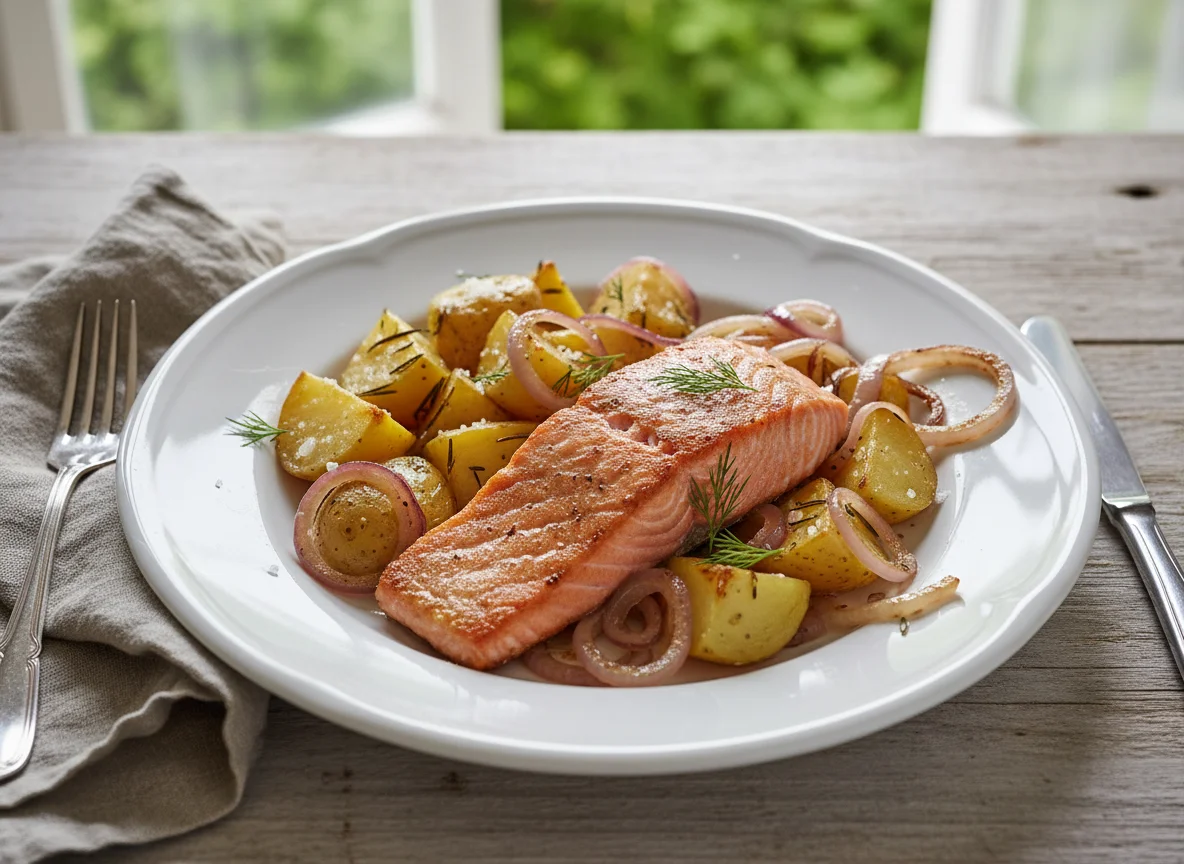 Lachs mit Kartoffeln und Zwiebeln photo