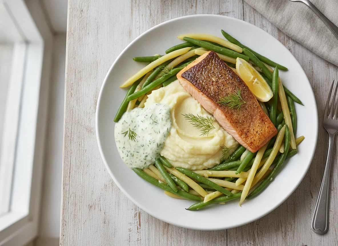 Lachs mit Kartoffelpüree, Bohnen und Dillsoße photo