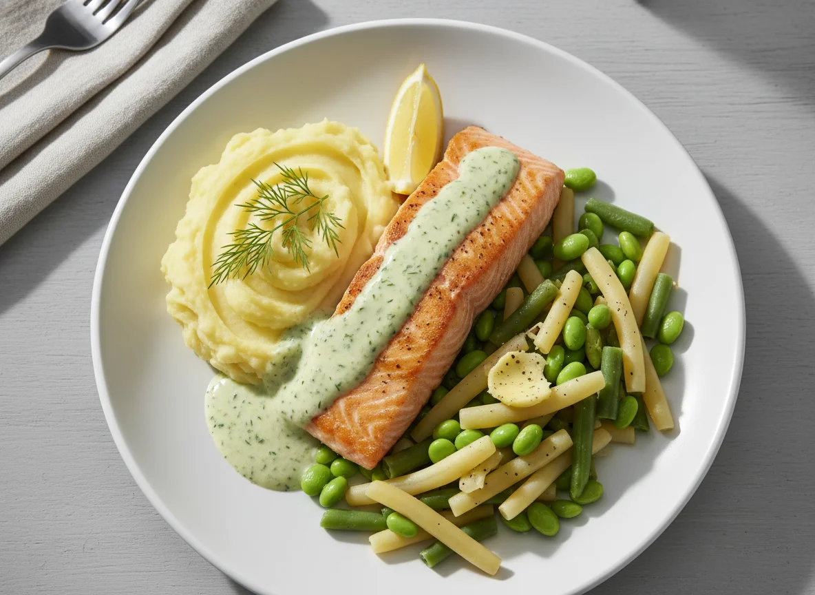 Lachs mit Kartoffelpüree und Bohnengemüse photo