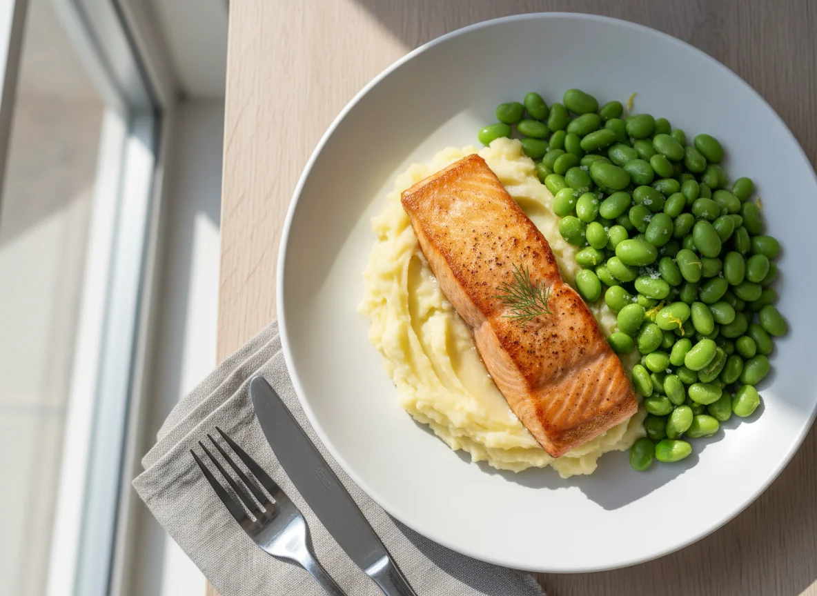 Lachs mit Kartoffelpüree und Edamame photo