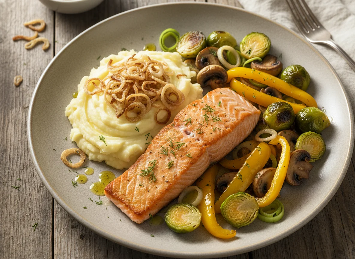 Lachs mit Kartoffelpüree und gebratenem Gemüse photo