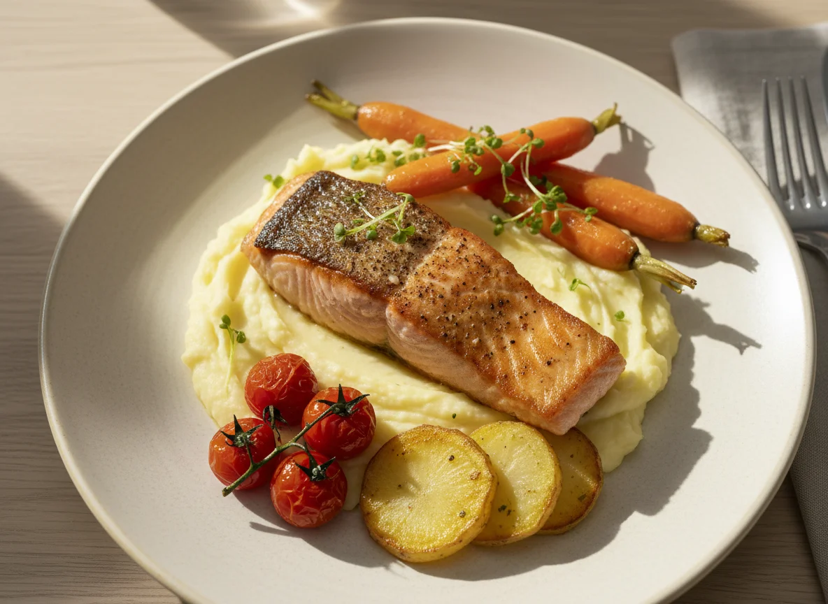 Lachs mit Kartoffelpüree und Gemüse photo