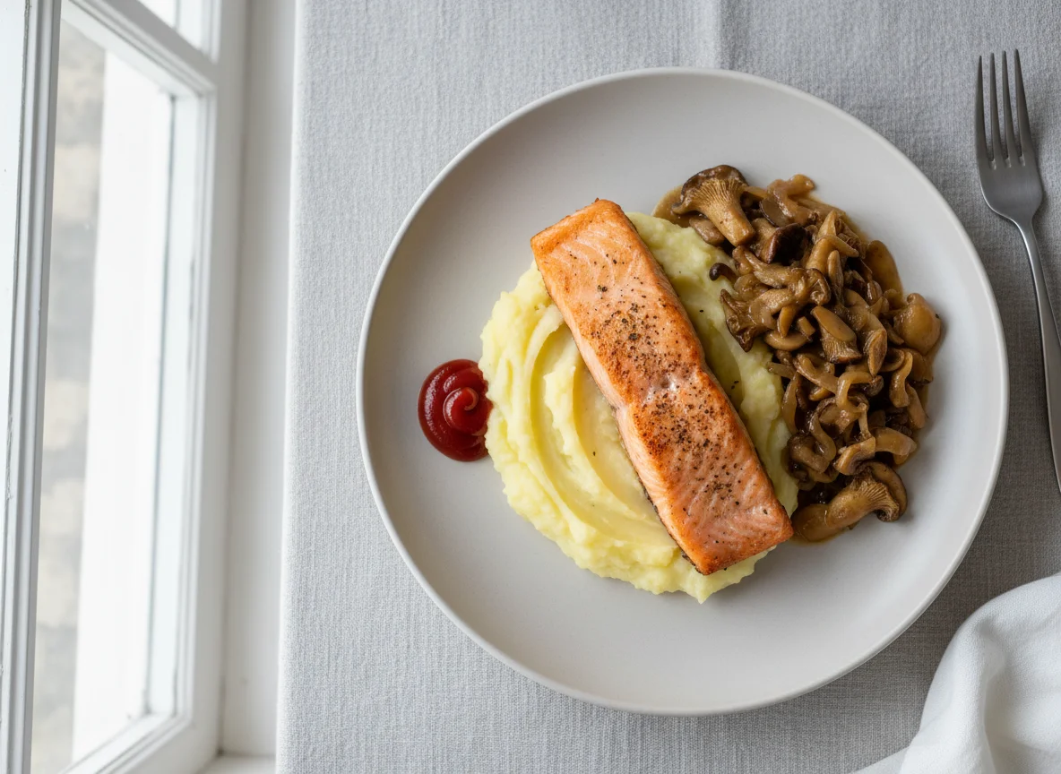 Lachs mit Kartoffelpüree und Pilzragout photo