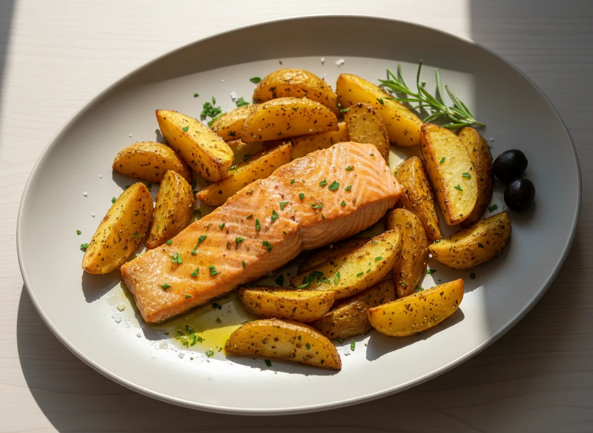 Lachs mit Kartoffelspalten photo