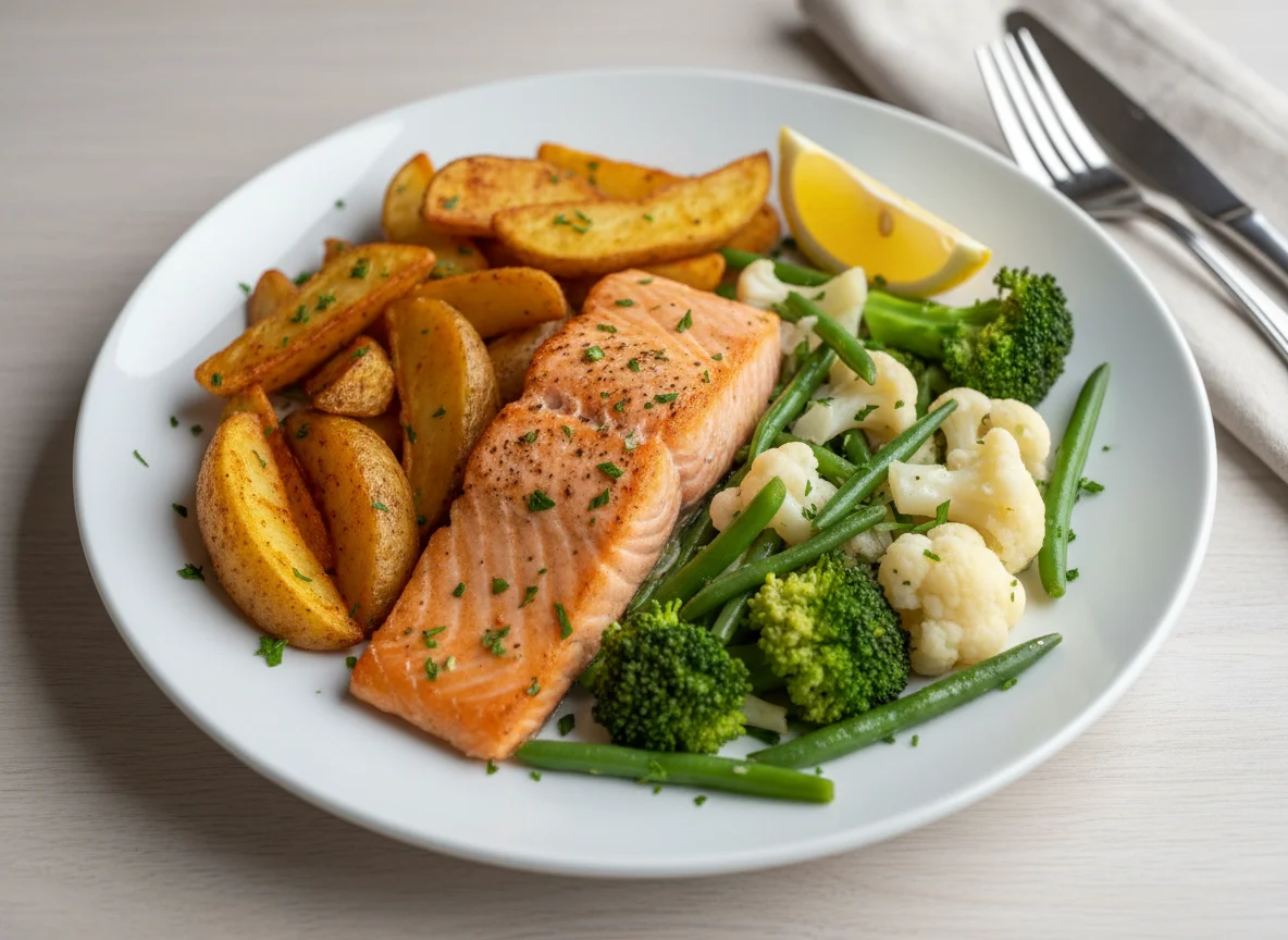 Lachs mit Kartoffelspalten und Gemüse photo