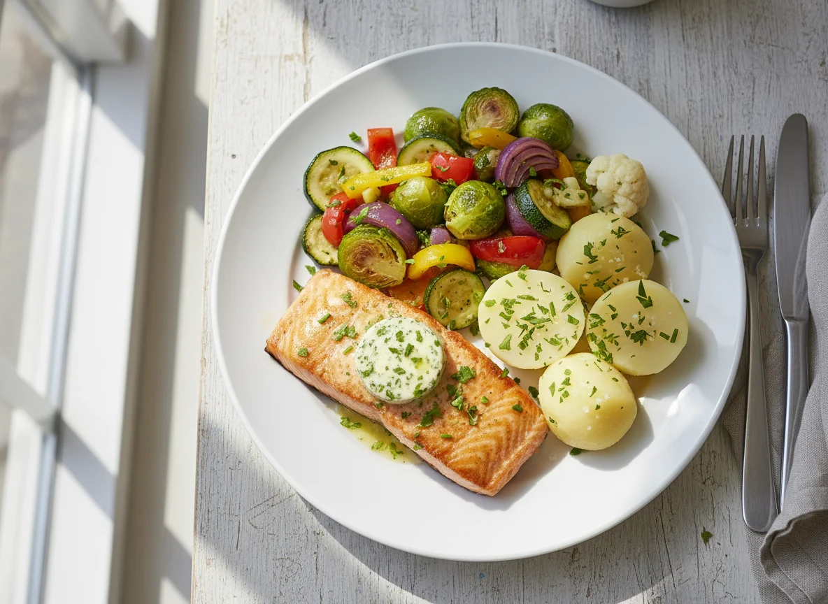 Lachs mit Kräuterbutter, Kartoffeln und Gemüse photo