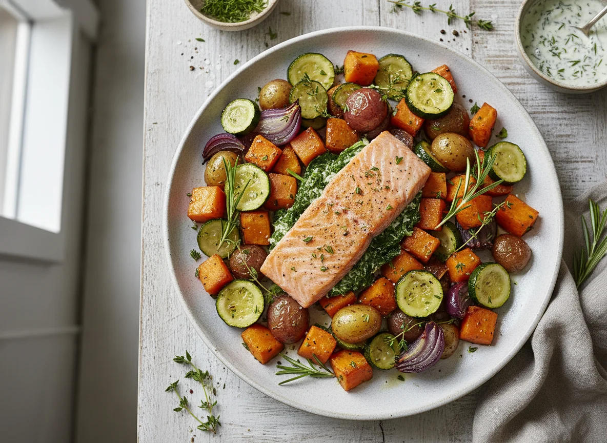 Lachs mit Kräuterfüllung und Ofengemüse photo