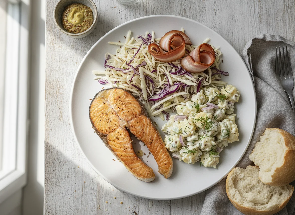 Lachs mit Krautsalat, Kartoffelsalat und Speck photo