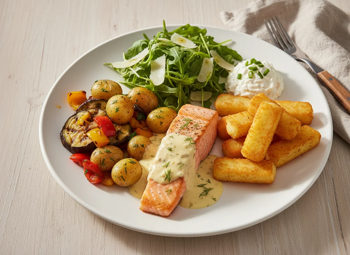 Lachs mit Kroketten, Kartoffeln und Salat photo