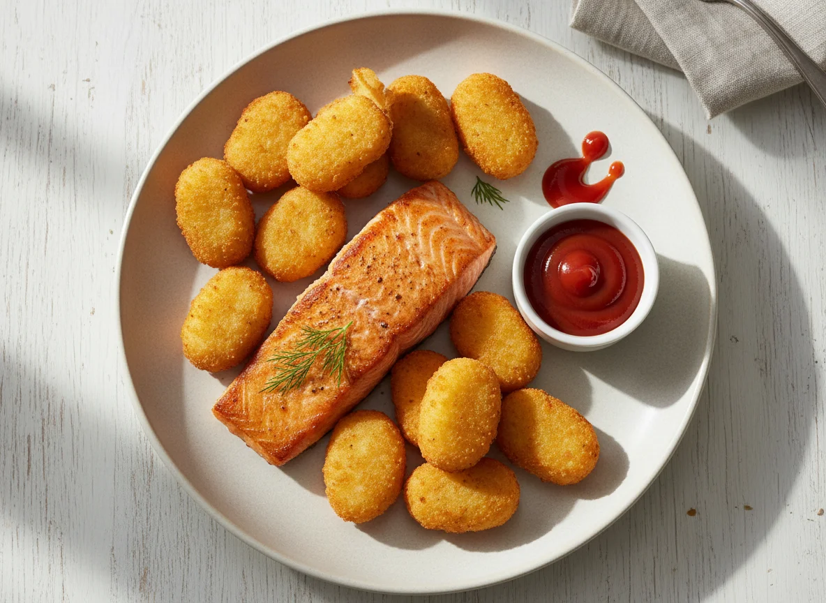 Lachs mit Kroketten und Ketchup photo