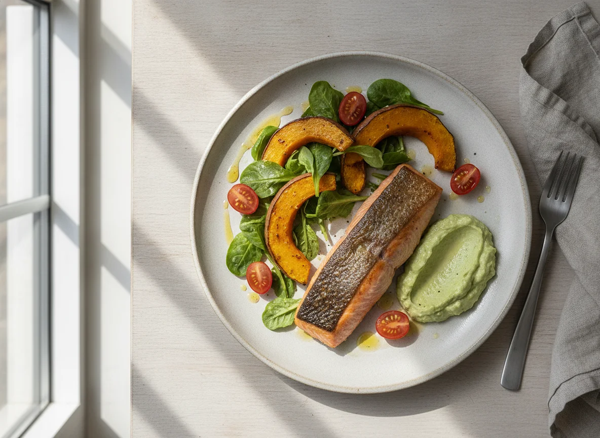 Lachs mit Kürbis, Feldsalat und Avocado-Dip photo