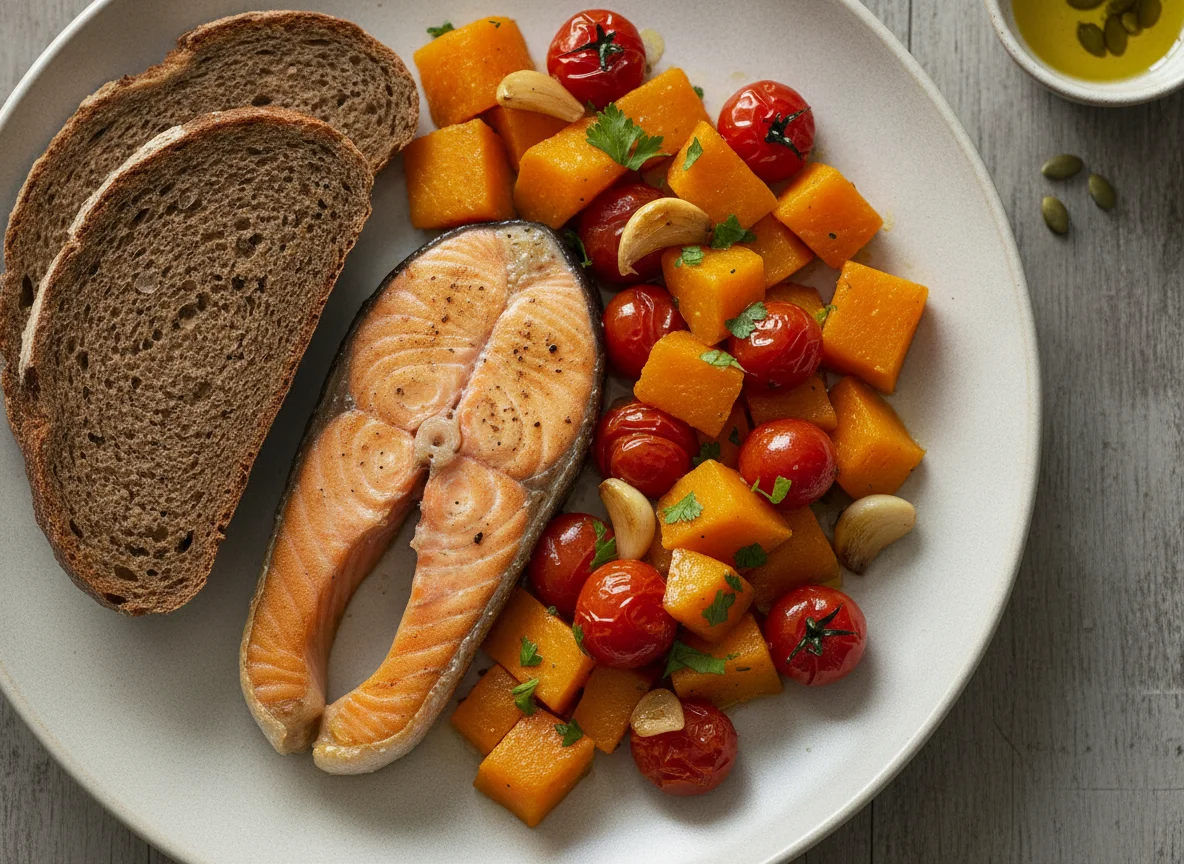 Lachs mit Kürbis-Tomaten-Gemüse und Schwarzbrot photo