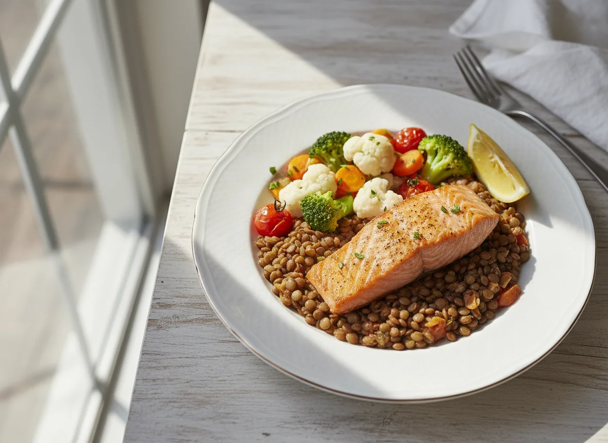 Lachs mit Linsen und Gemüse photo
