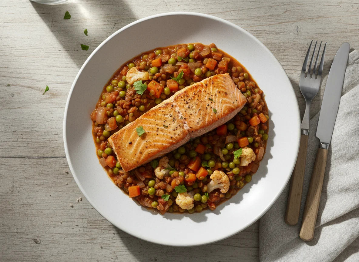Lachs mit Linsen-Gemüse-Eintopf photo